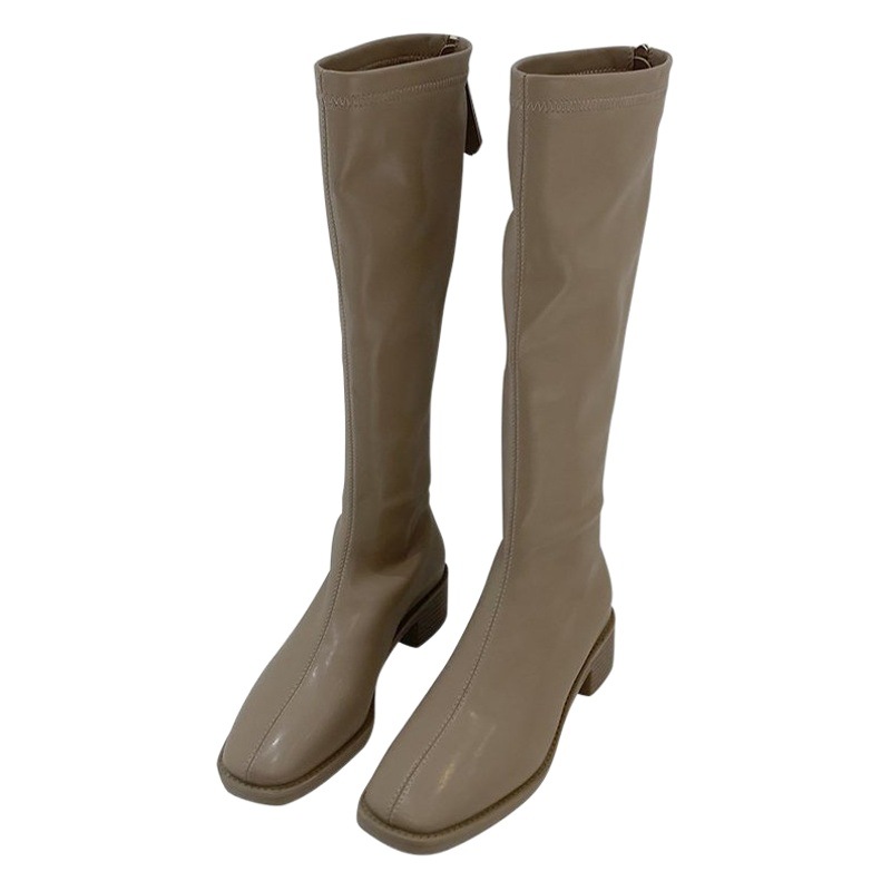 Back zipper fleece-lined long boots 2023 new square toe Knight boots white all-match high boots Women's thin boots