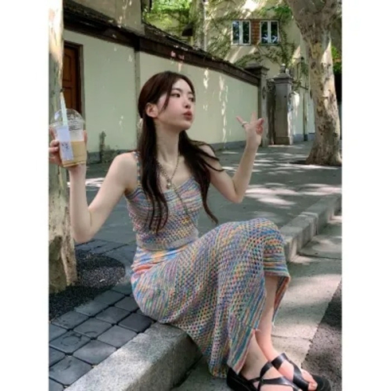 SEOUL Rainbow Stripe Design Sense Niche Temperament Strap Top Women's Saltable Sweet Knitted Dress Summer