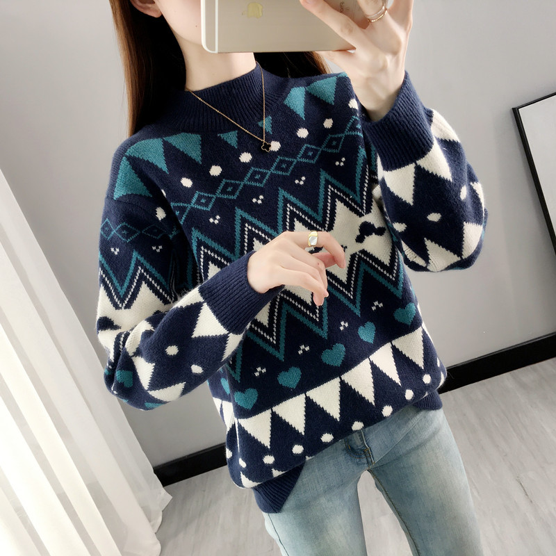 Picture of 2024 New Autumn and Winter Half Turtleneck Fleece-Lined Thickeneded Women's Sweater Fashionable Jacquard Contrast Color Knitted Bottoming Shirt