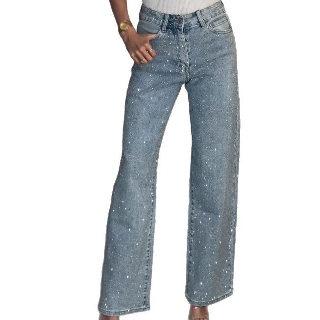 Picture of Foreign Trade European and American Amazon Women's Full Diamond Washed Jeans Women's High-End High-Waisted Straight Pants Sexy Pants