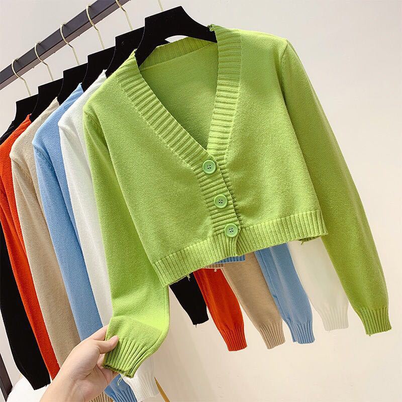 Internet Celebrant Acura Green Knitted Cardigan Jacket Women's Fashionable Short High Waist Long Sleeve Shawl V-Neck Trendy Sweater