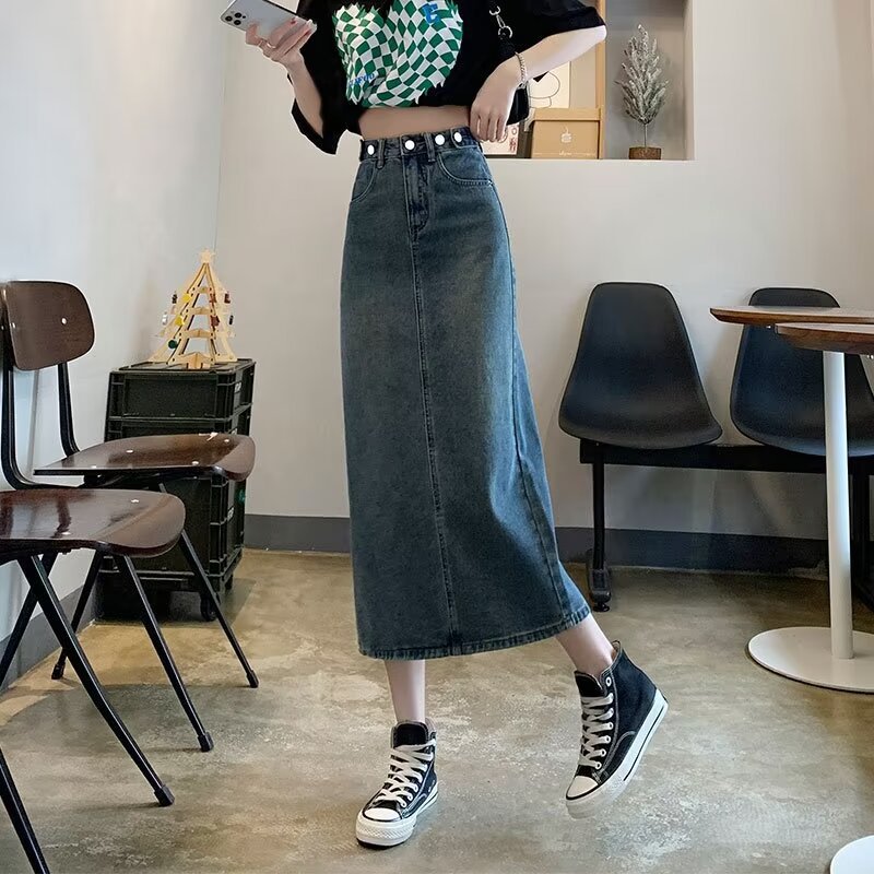 Vintage Split Straight Denim Skirt Women's 2024 Spring and Autumn High Waist Slimming Black A- Shaped Hip Mid-Length Skirt