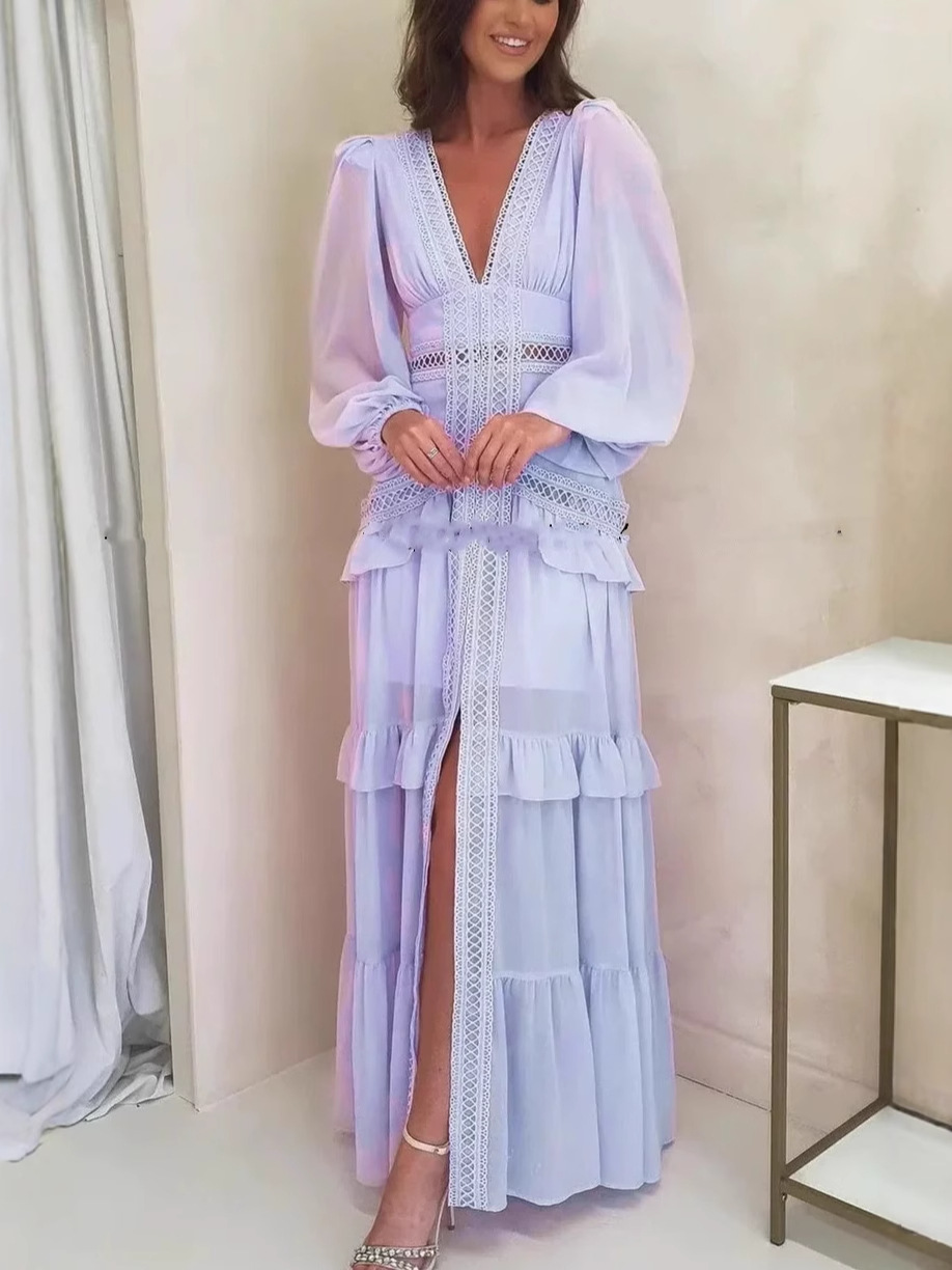 25 Spring and Summer European and American Niche Sexy Deep V Ruffled Split Elegant Holiday Style Solid Color Dress