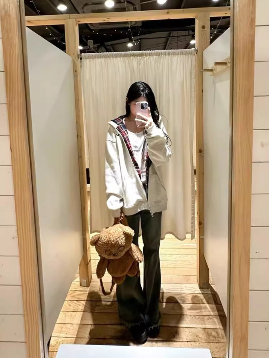 American Style Retro Plaid Hooded Sweater Women's Spring and Autumn oversize Thin Jacket Loose Lazy Style Cardigan Top