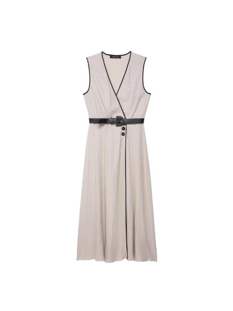 Cross-Border Export Women's Clothing 2025 Summer New Fashion and Elegant Belted Blended Midi V Neck Sleeveless Dress