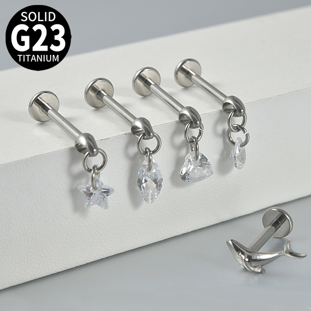 Cross-border G23 titanium zircon pendant lip nail heart-shaped water drop five-star zircon internal thread stud earrings Rook piercing earrings