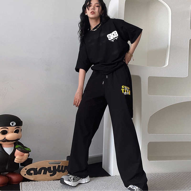 Picture of 2024 New Arrival Yellow Letter Black Trousers Women's All-Match Hip-Hop Hiphop Jazz Hip-Hop Loose Wide-Leg Pants Casual
