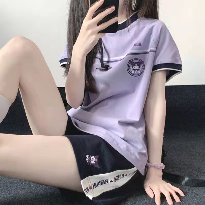Picture of Cross-Border Purple Sports Suit for Women 2025 Summer Student Casual Large Size Sportswear Short-Sleeved Shorts Two-Piece Set