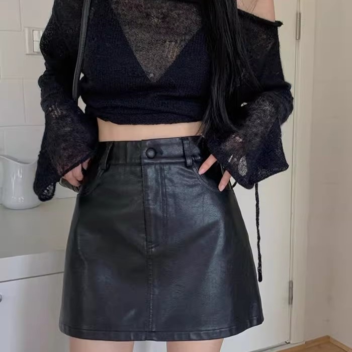 Wind Small Leather Skirt Skirt All-match PU Leather High Waist A- line Skirt Autumn and Winter Short Skirt One-step New Style Sweet and Hot Skirt