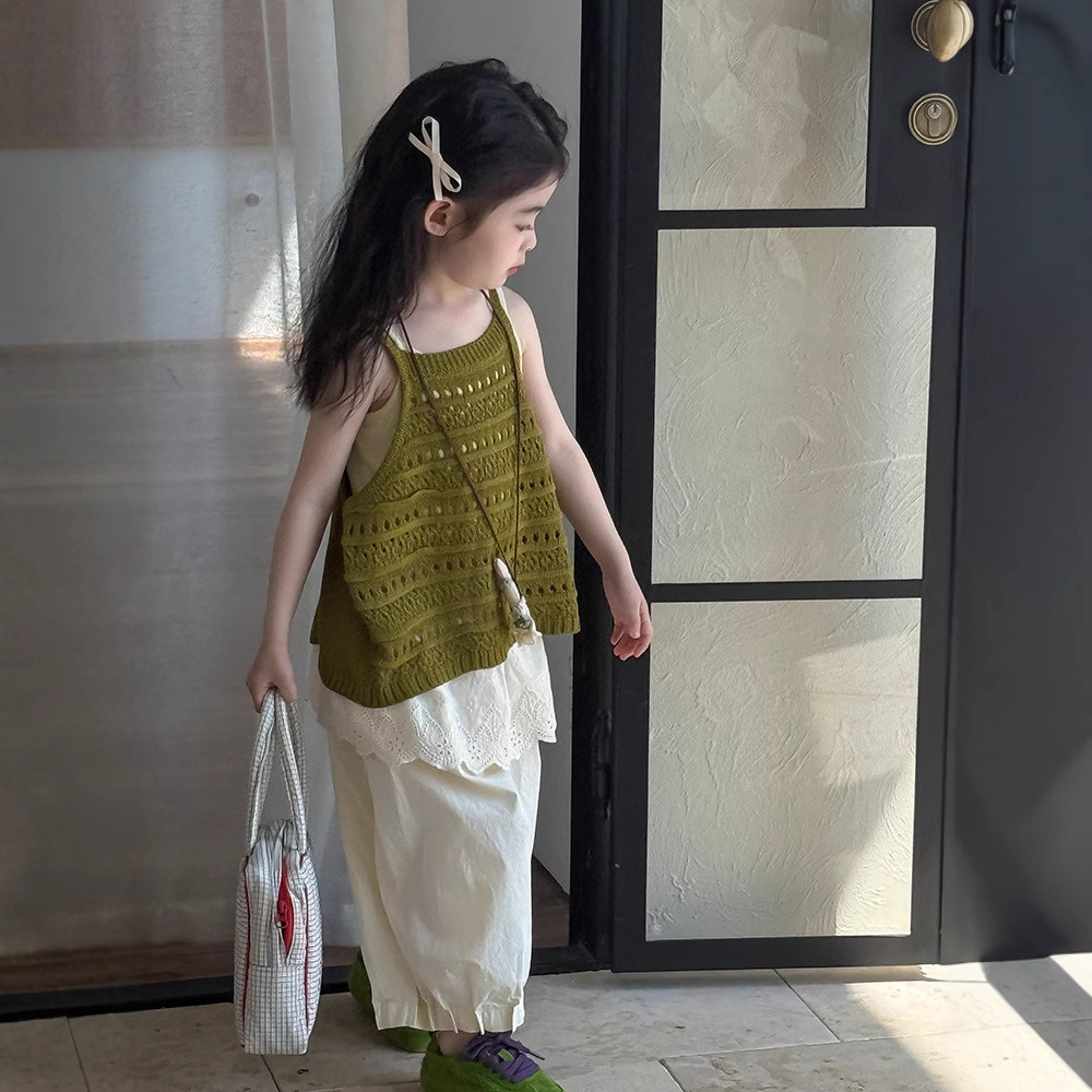 Girls' Hollow Knitted Shirt 2025 Summer New Korean Children's Split Top Left Xiaoran Children's Wear