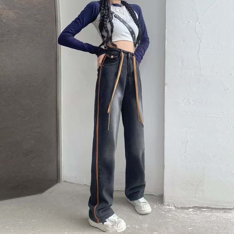 American Style Retro Wide Leg Jeans Women's 2024 Summer Loose Slimming Drawstring High Waist Straight Long Pants Ins Trendy