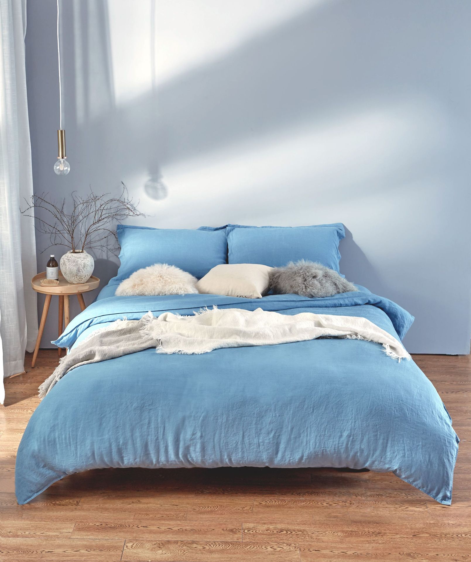 Pure Linen Denim Blue Wide Fabric Pure Linen Enzyme Washed Yarn-dyed Wide Fabric 280CM Sand-washed Linen