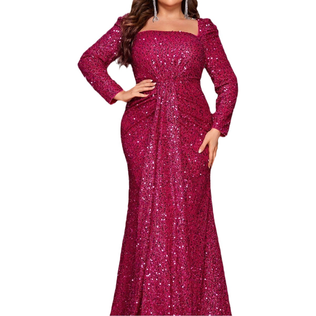 Cross-border New Hot Sale plus size Light Luxury Evening Dress Sequin Square Collar Long Sleeve Ball Evening Dress plus size Fishtail Dress