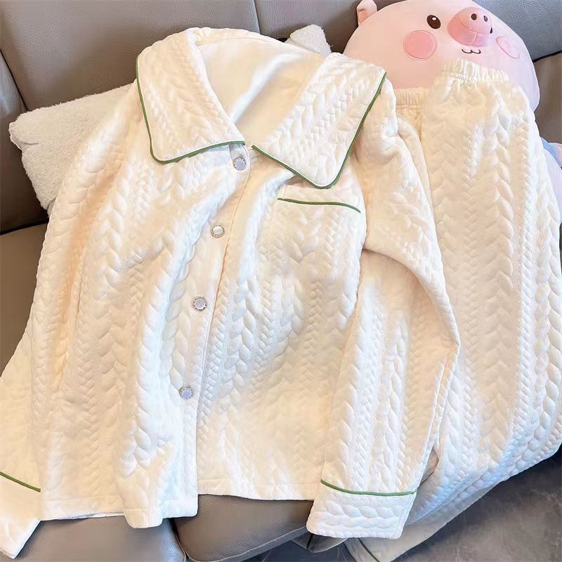 2022 Live Pajamas Women's Autumn and Winter Solid Color Lapel Thickened Long Sleeve Air Cotton Sandwich Large Size Home Clothes Set
