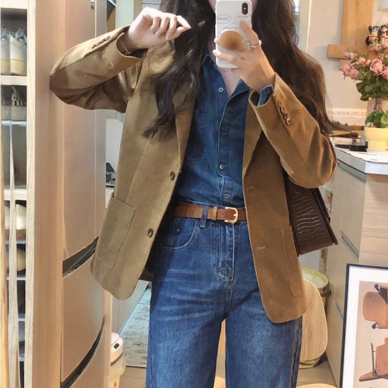 Corduroy coat small suit for women small this year popular spring and autumn new high-end temperament elegant camel