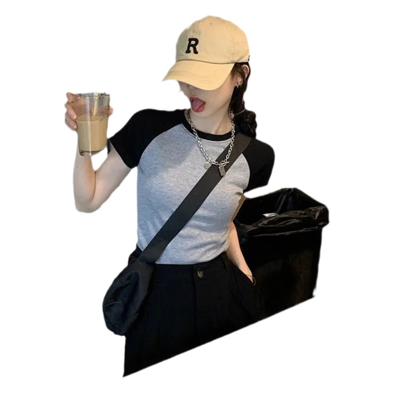 Clearance Discount American Retro Slim Contrast Color Short Shoulder Short Sleeve T-shirt Women's Sweet Cool Spice Top Ins