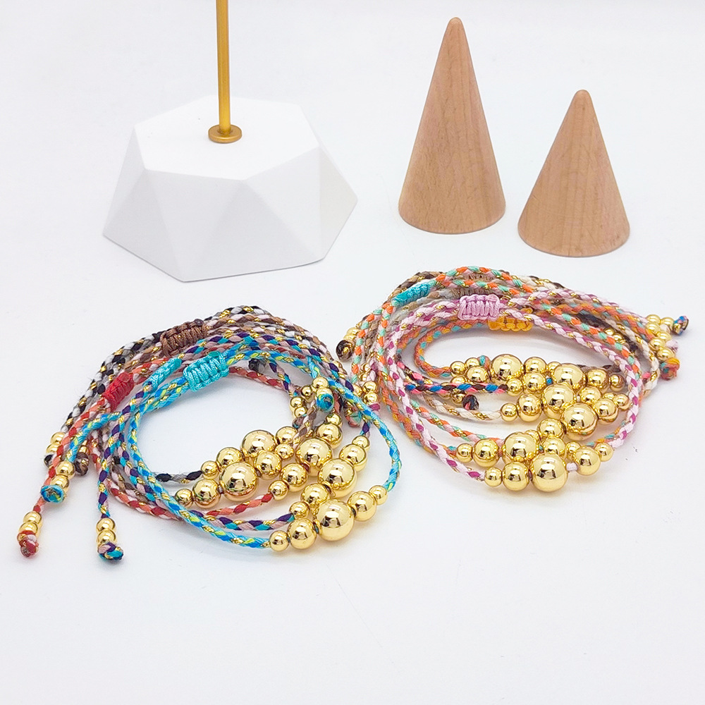 Ins Style Niche European and American Bohemian Handmade Woven Cotton Rope Hand Rope 18K Copper Gold Plated Bead String Bead Bracelet for Women