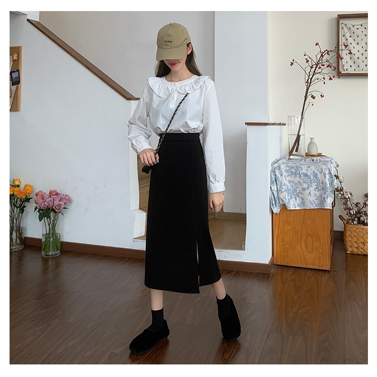 All-Match Skirt Women's Early Autumn New plus size chubby girl High Waist Slimming Side Split Mid-Length A- Line Skirt Hip Skirt