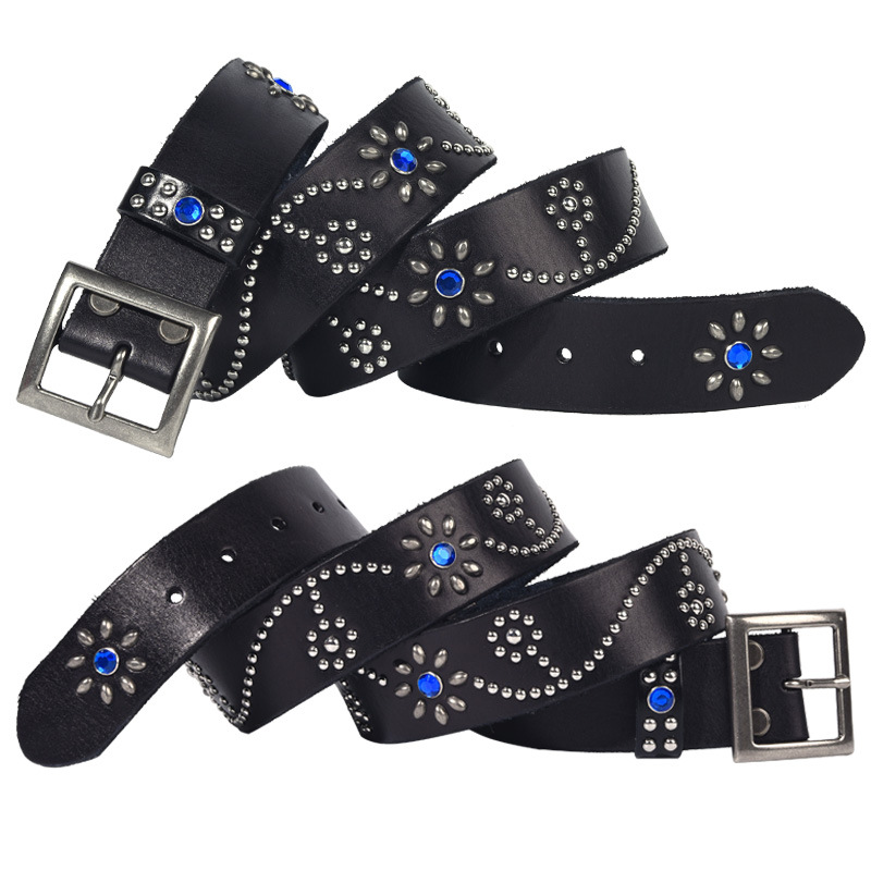 New cross-border vintage denim Western style personalized trendy punk style high-end vintage belt with diamond-studded belts for women