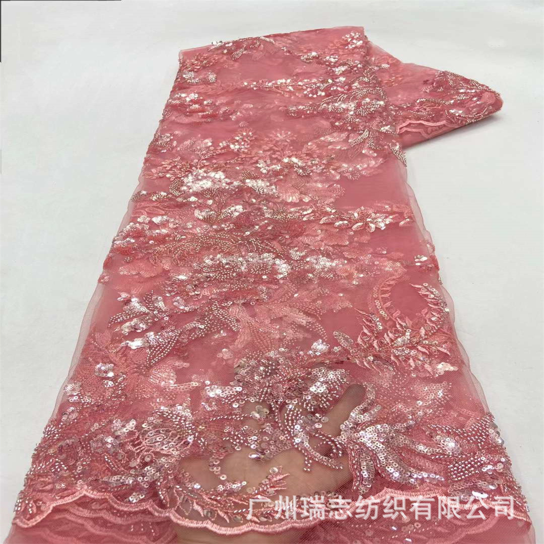 Three-dimensional Flower New Sequin Beaded Tube Embroidered Mesh Fabric French Heavy Industry Beaded Wedding Dress Cheongsam Skirt Embroidered Cloth