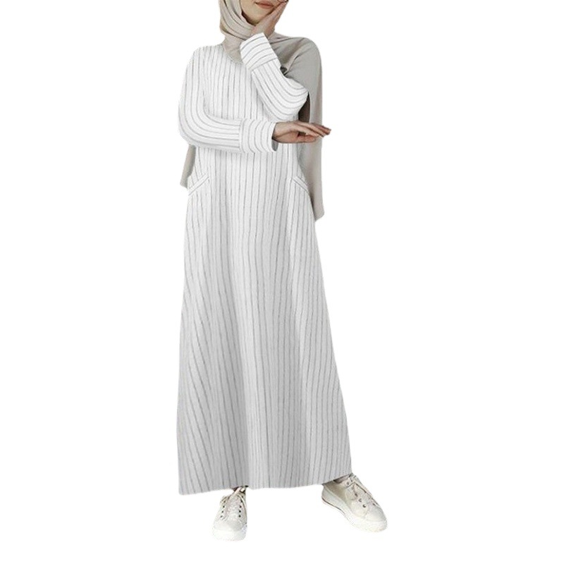 Foreign Trade plus size Women's Dress Retro European and American Fashion Women's Casual Clothes Long Sleeve Striped Cotton Linen dress