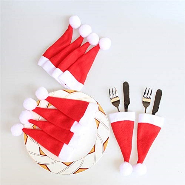 Mini Christmas Hat Decorations Christmas Hat Accessories Christmas Knife and Fork Set Wine Bottle Set Cap Tableware Set Fleece Cap