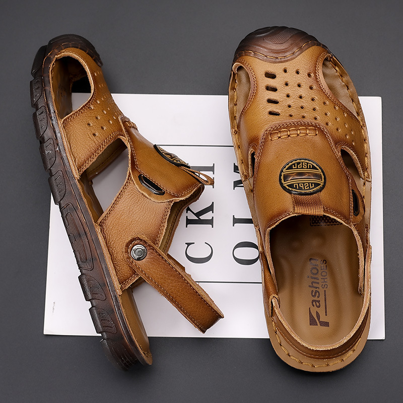The first layer of leather sandals men's summer wear casual beach shoes men's non-slip hollow slippers men's tendon
