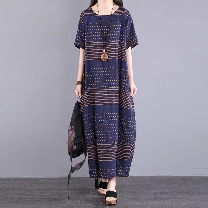 Vintage Striped Printed Dress Women's Loose Long Short-sleeved Summer New Arrival Middle-aged Mother Printed Long Dress Round Neck