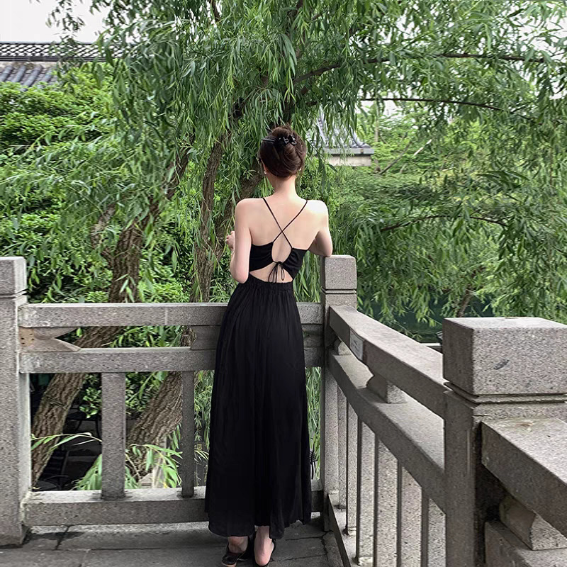 Tea break French style sexy backless floral strap dress women's summer sweet hot girl seaside vacation beach long skirt