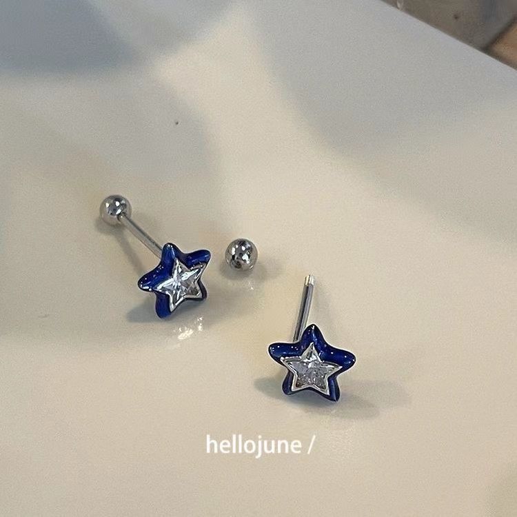 Sapphire Blue Oil Drop Zircon Star Screw Twist Ear Bone Nails Women's Niche Design Casual Easiest for Match Fashionable Ear Nail Accessories