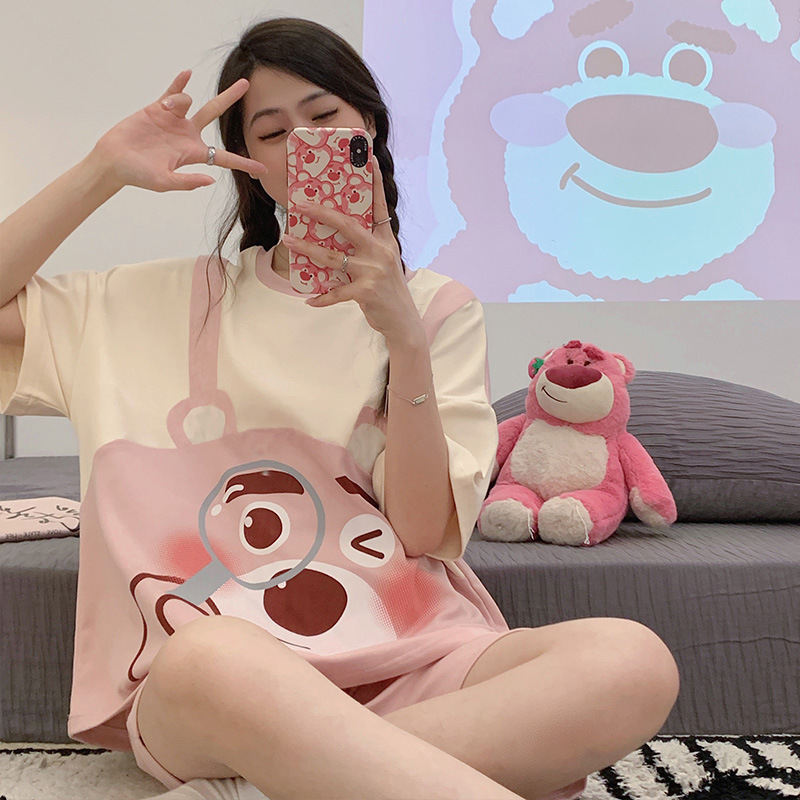 Pajamas women's summer cartoon short-sleeved shorts summer plus size cute women's home wear suit outer wear