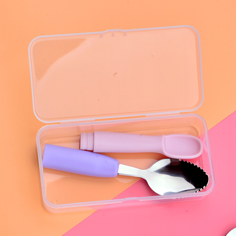 Picture of Factory direct children's fruit scraping spoon double stainless steel scraping spoon silicone spoon baby fruit scraping spoon
