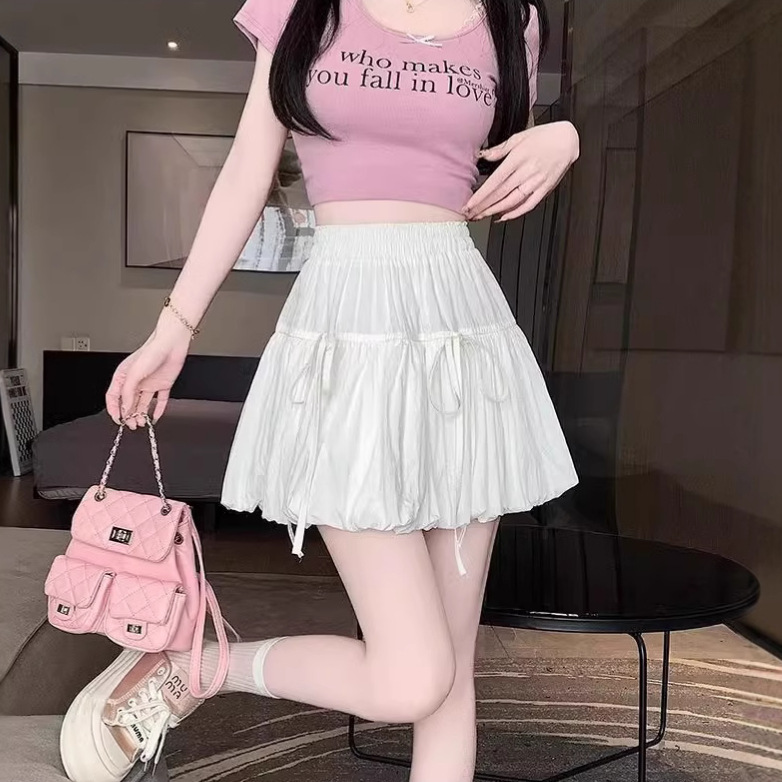2025 Women's New High Waist Slimming Bow Niche Bud Skirt Spring Design Puffy Short Skirt A- line Sense