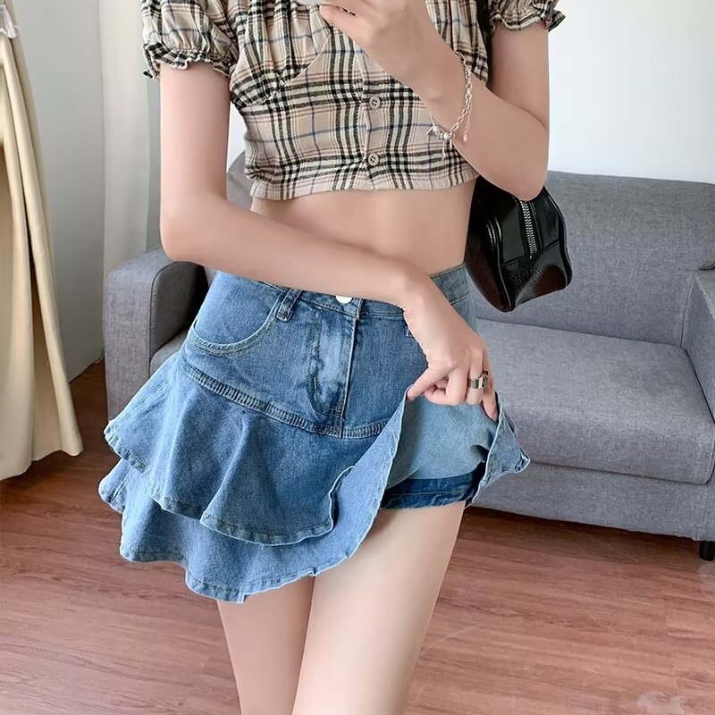 High Waist Denim Skirt Women's Spice Girl Ruffled Fishtail Skirt Summer Sweet Cool Slim A- Line Pleated Skirt