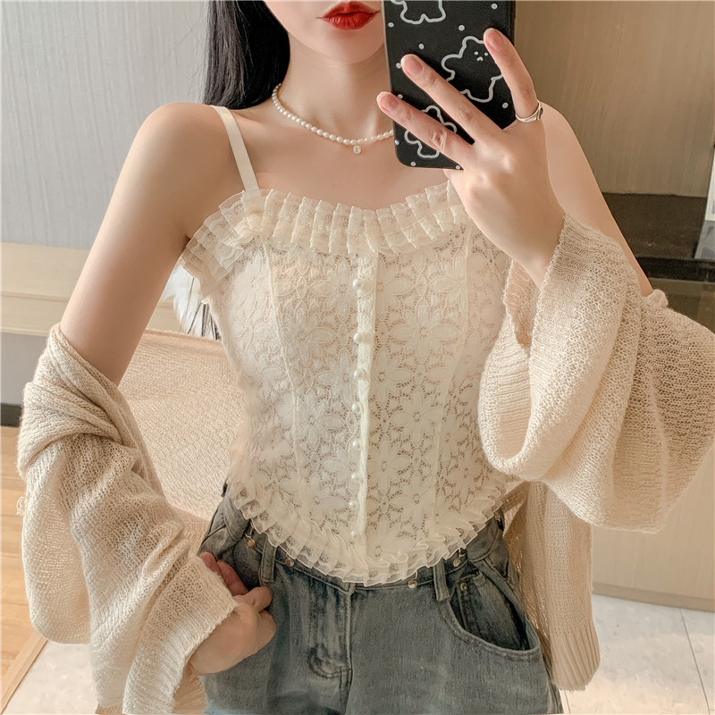 French Fixed Cup Pearl Buckle Lace Embroidered Camisole Women's Pleated Inner Wearing Outer Wearing Vest Women's Underwear