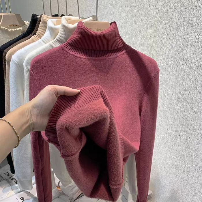 Picture of Foreign trade fleece-lined thick warm one-piece velvet top autumn and winter threaded high collar long sleeve T-shirt women's knitted base