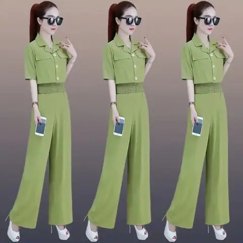 New Summer Sports Suit for Women, Casual Slimming, Fashionable Slim-Fitting Short Top with Straight Wide-Leg Pants Two-Piece Set