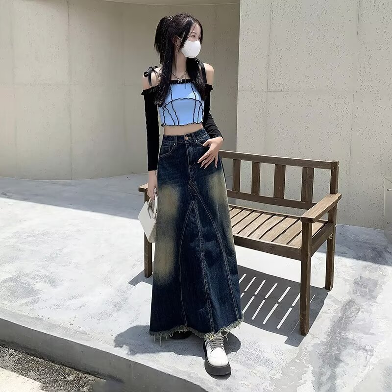 Skirt Girl's Denim Long Skirt High Waist Fur Edge New Style Summer Long Tall A- Line Umbrella Skirt Large Swing Skirt