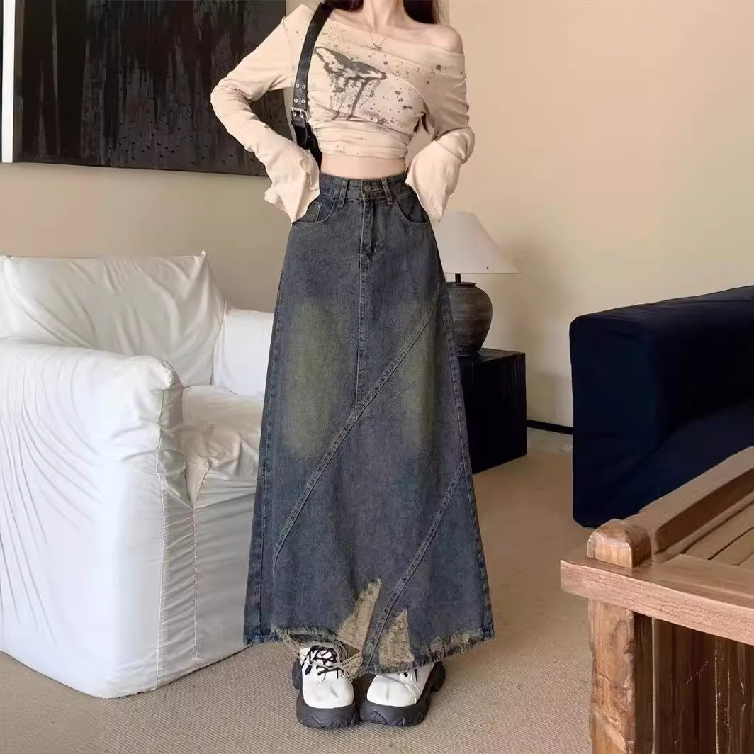 High waist retro ripped Denim skirt Women's Spring American small slimming mid-length new distressed hip skirt