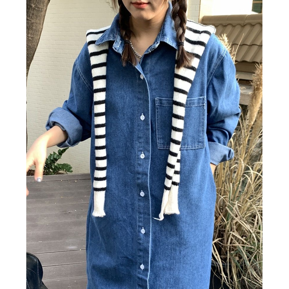 South Korea Chic Spring and Autumn Simple Lapel Single-breasted Loose Shirt Dress Casual Long Denim dress Women Autumn