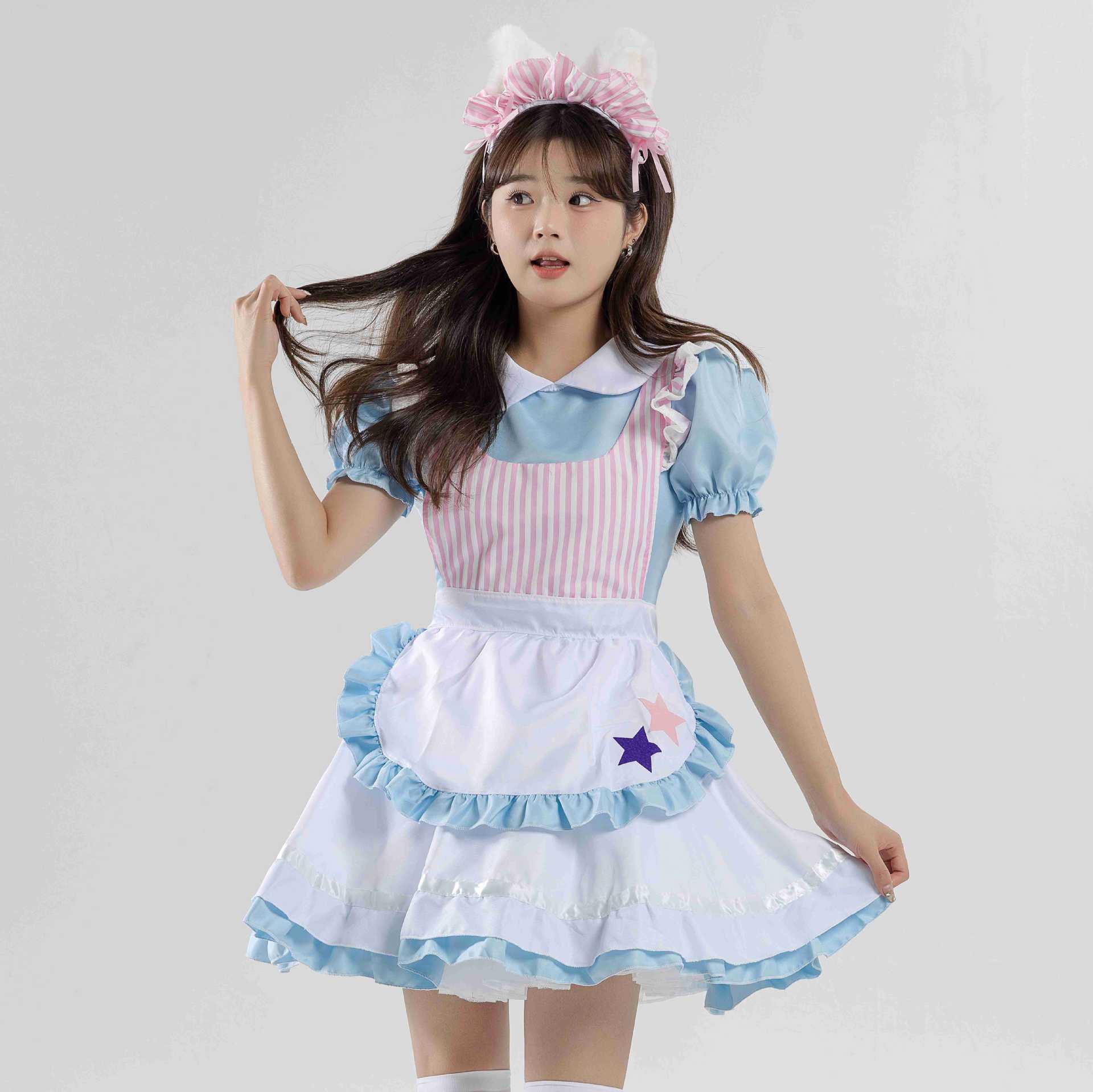 Picture of Japanese Style Cute Blue Sexy Cat Maid Outfit Lolita Dress Cafe Maid Outfit Work Uniform Outfit