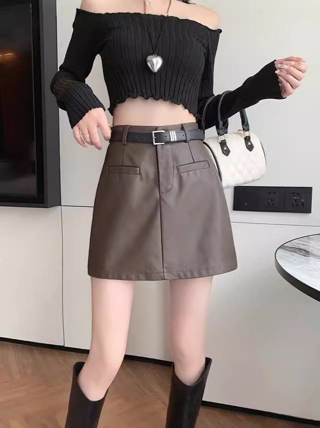 Picture of Black Leather Skirt Women's Spice Girl Skirt 2024 Autumn and Winter High Waist Straight Tube Slimming Tall A- word Anti-glare PU Skirt