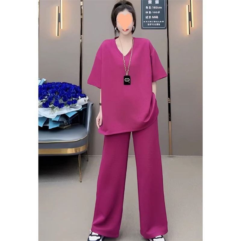 Summer Fashion Age-Reducing Temu V Neck Short-Sleeved T-Shirt Women's Xiyin Suit Loose Casual Sports Pants Two-Piece Set Pink