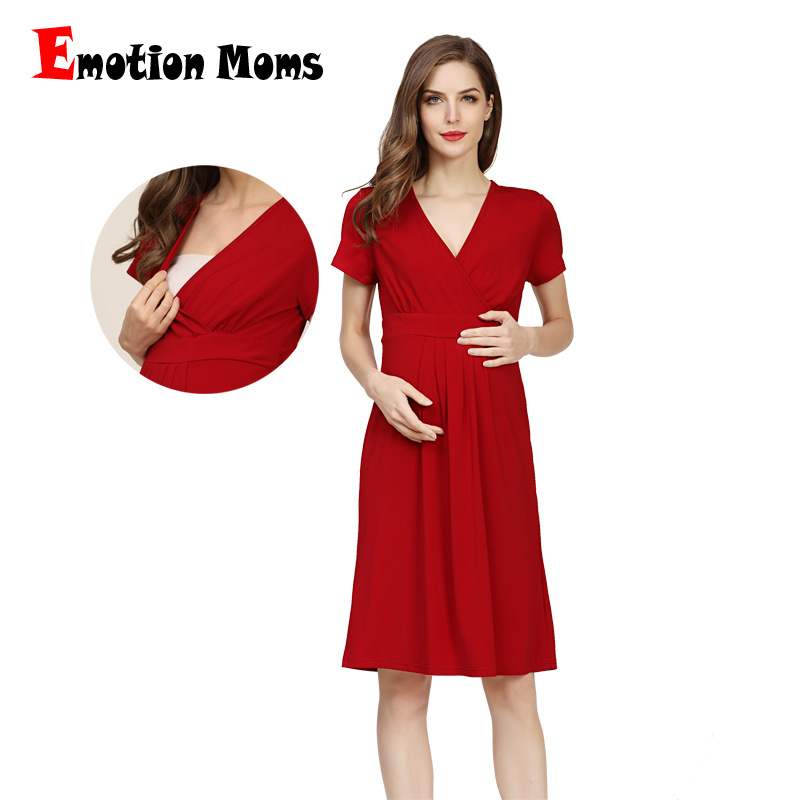 Picture of Summer Short-sleeved Maternity Nursing Skirt V-neck Solid Color Pregnant Women dress plus size dress Fashionable Loose Maternity Dress