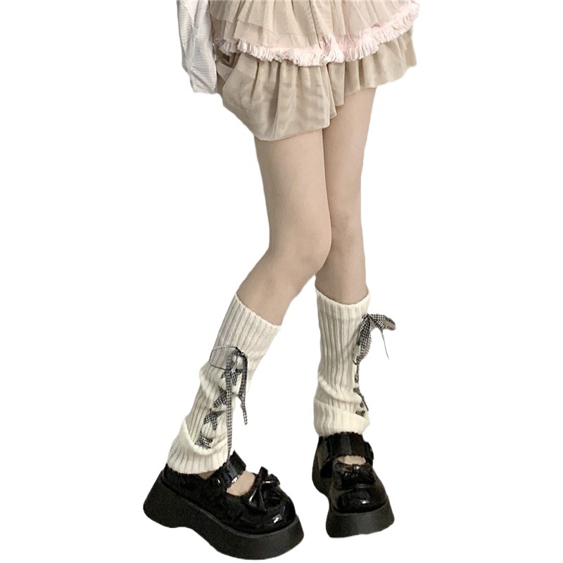 Cross strap socks Japanese cute jk socks women's mid-calf knitted butterfly pattern leg cover white pile socks for autumn and winter