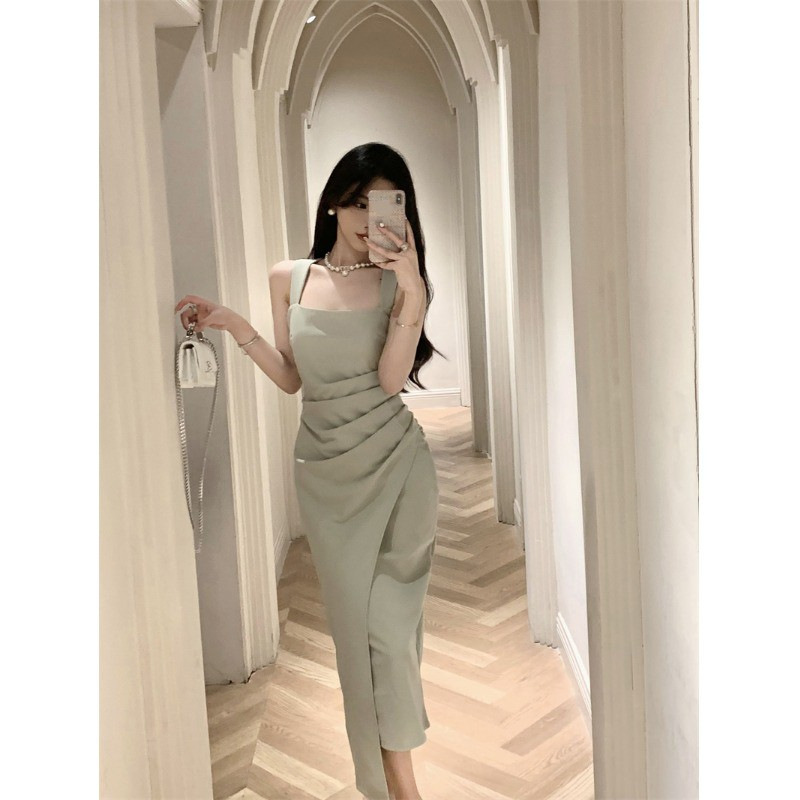 Picture of French Elegant Lady Royal Sister High-end Satin Long Skirt Slim Hip-hugging Square Neck Suspender Dress Summer New Style