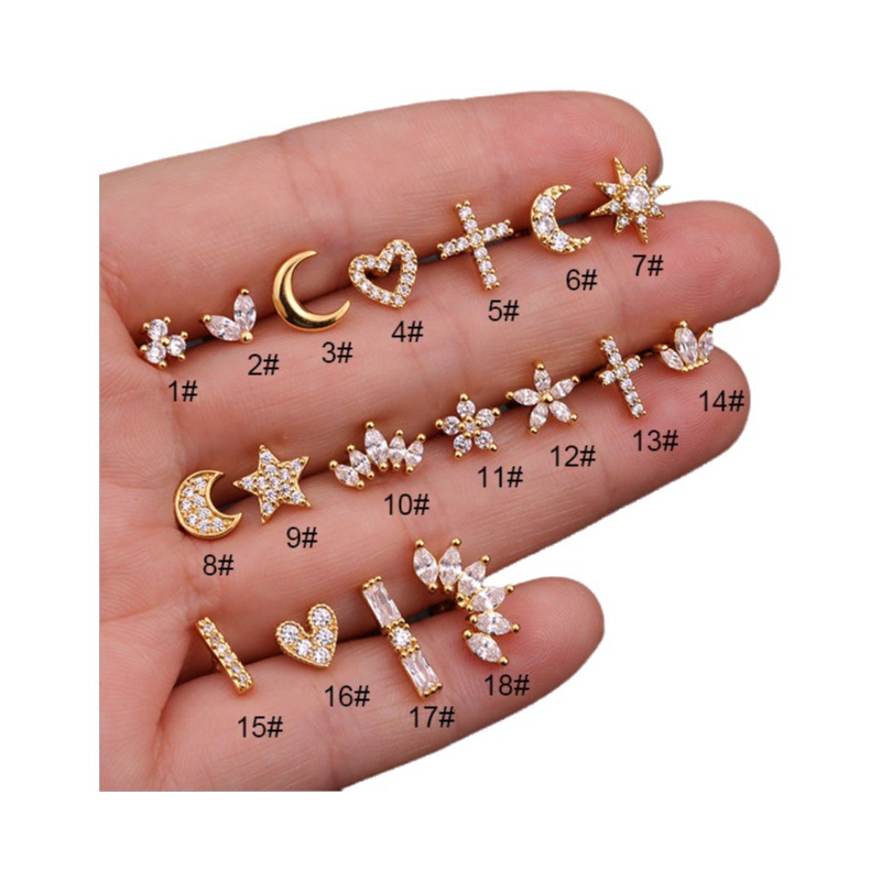 Picture of Titanium Steel Stainless Steel Rod Micro-inlaid Zircon Crown Ear Nail Screw Screw Ball Fashion Earrings European and American Piercing Jewelry