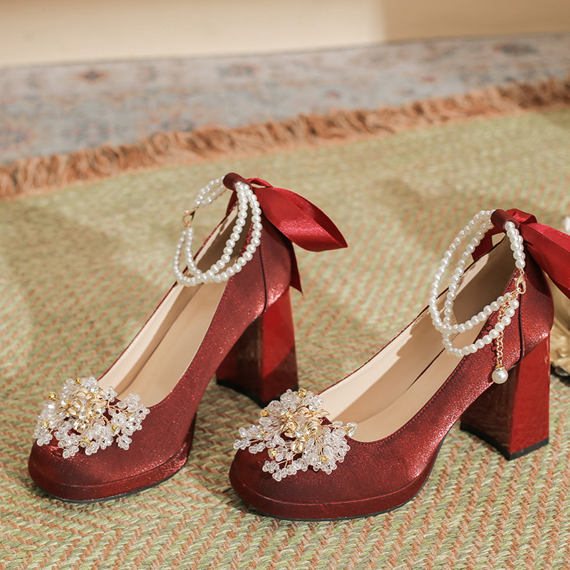 Mary Jane Thick Heel Non-Tiring High Heels New Chinoiserie Han Dynasty Red Xiuhe Suit Two-Wear Wedding Shoes Bridal Shoes for Women