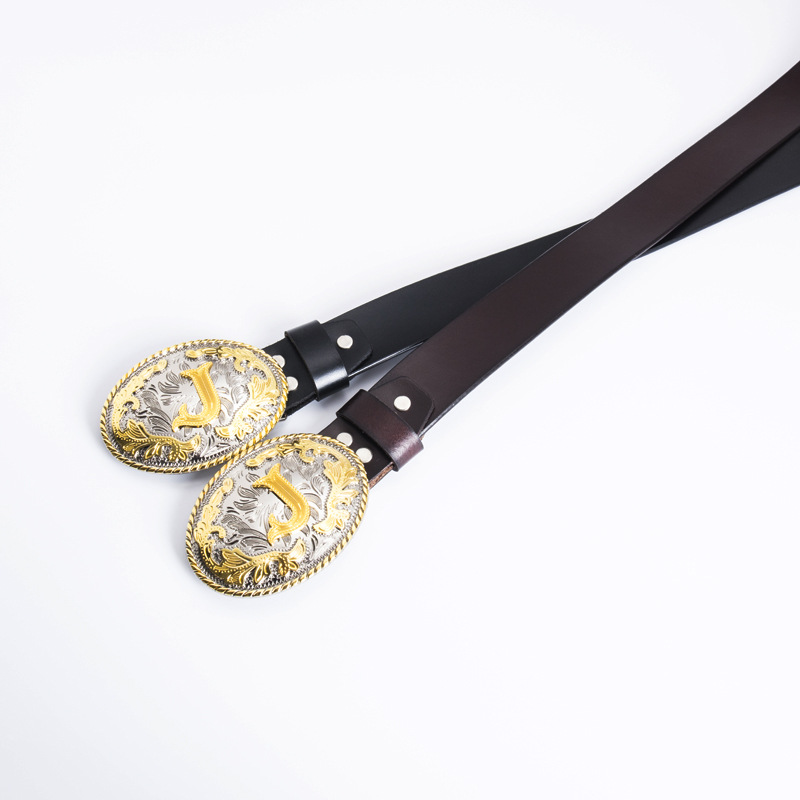 Picture of Golden men's belt whole two-layer cowhide fashion retro perforated belt buckle 3.8cm wide cross-border e-commerce