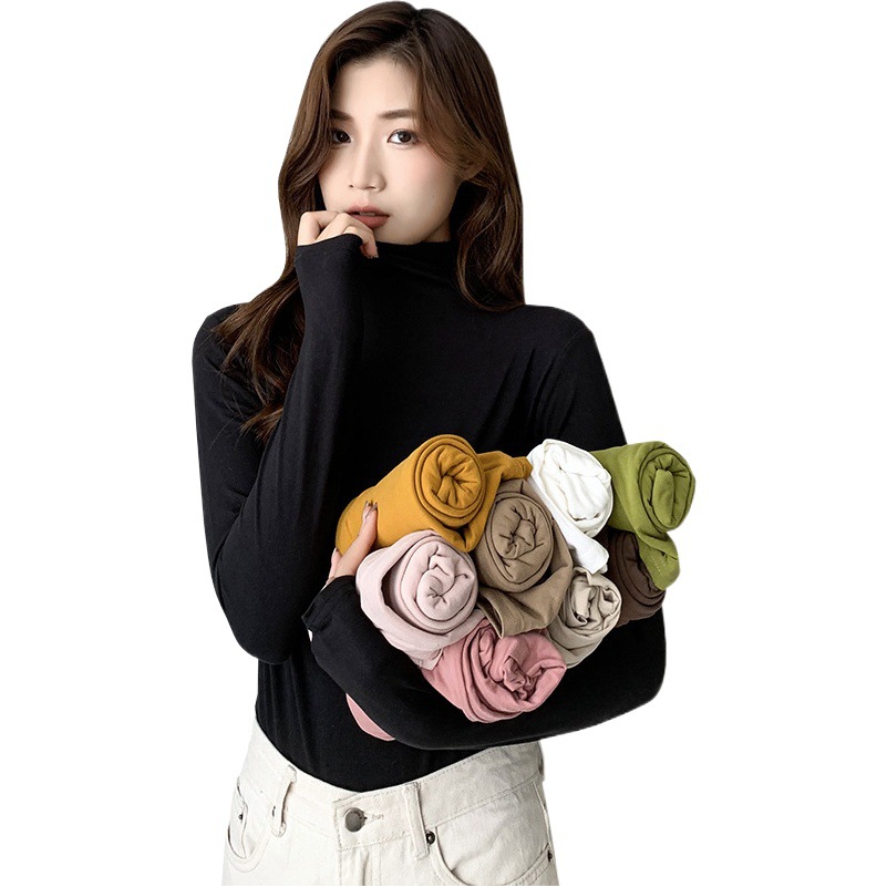 Picture of Milk Silk Bottoming Shirt Women's Long-Sleeved T-Shirt Half Turtleneck Spring, Autumn and Winter 2025 New Black Inner Style Tight Top